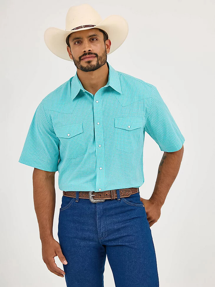 camisa de manga corta con broches estilo western para hombre resistente a las arrugas color turquesa brillante