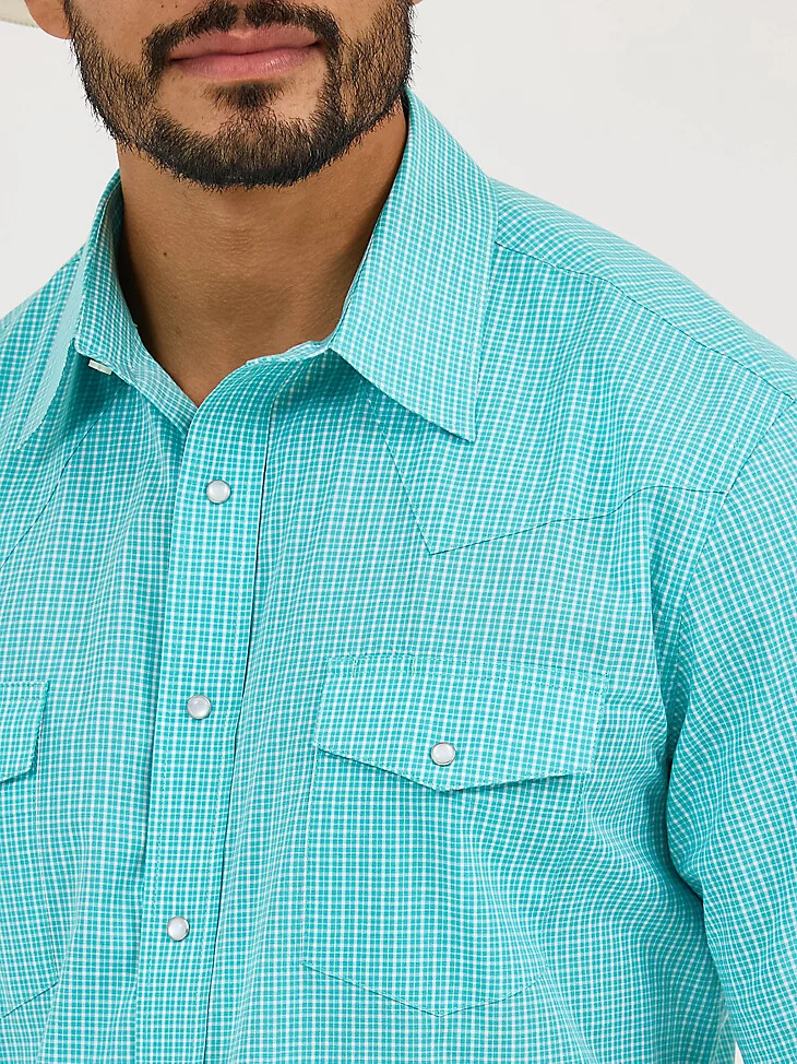 camisa de manga corta con broches estilo western para hombre resistente a las arrugas color turquesa brillante