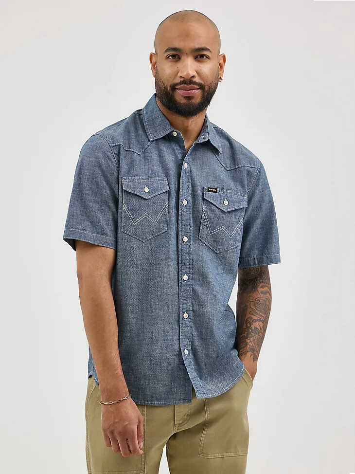 camisa de manga corta de cambray para hombre estilo vintage oscuro