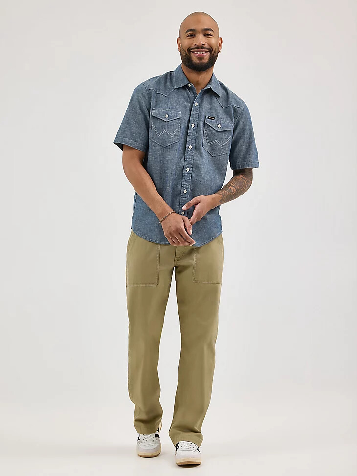 camisa de manga corta de cambray para hombre estilo vintage oscuro