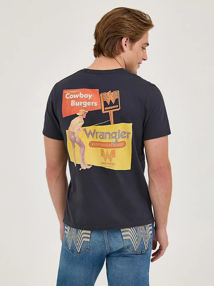 camiseta vaquera de hamburguesas wrangler x whataburger para hombre color negro descolorido