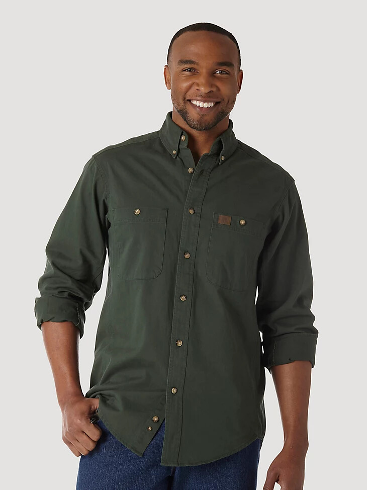 camisa de trabajo de sarga lisa con botones y manga larga wrangler riggs workwear verde bosque