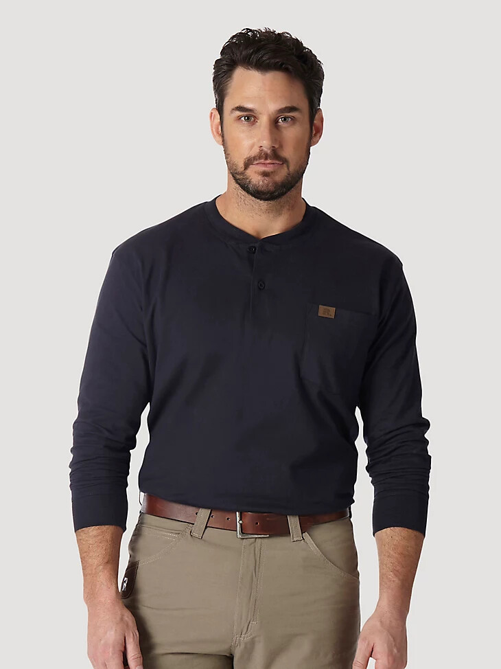 wrangler riggs workwear camiseta henley lisa de manga larga azul marino