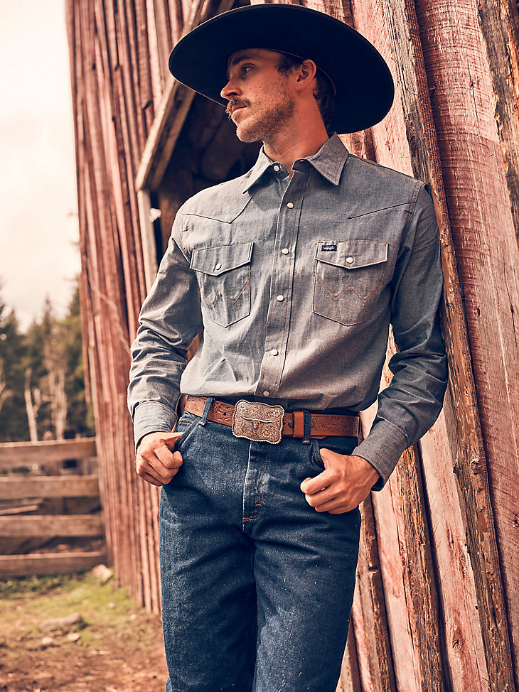 camisa vaquera rígida de manga larga cowboy cut work western chambray mediano