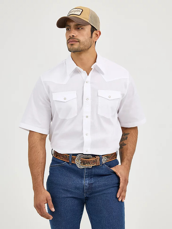 camisa deportiva wrangler de manga corta lisa con broches estilo western para hombre color blanco