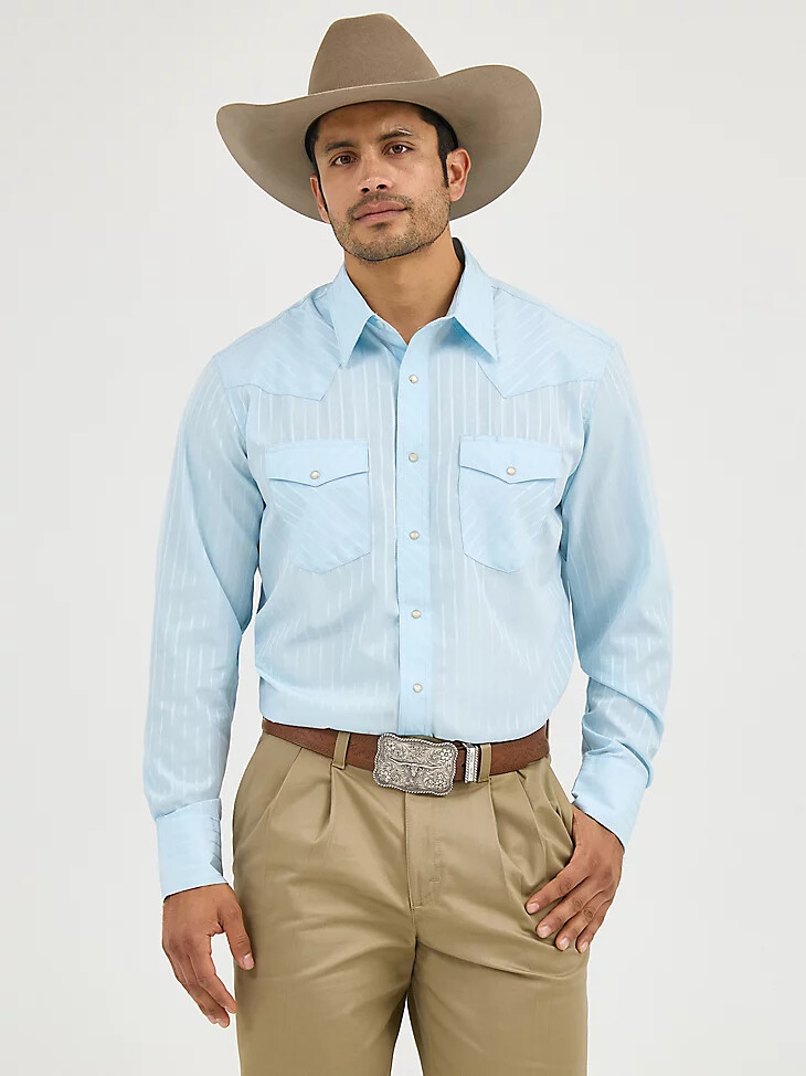 camisa vaquera de manga larga con estampado de rayas dobby y broches estilo western de wrangler color azul