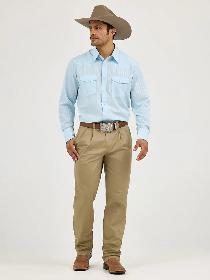 camisa vaquera de manga larga con estampado de rayas dobby y broches estilo western de wrangler color azul