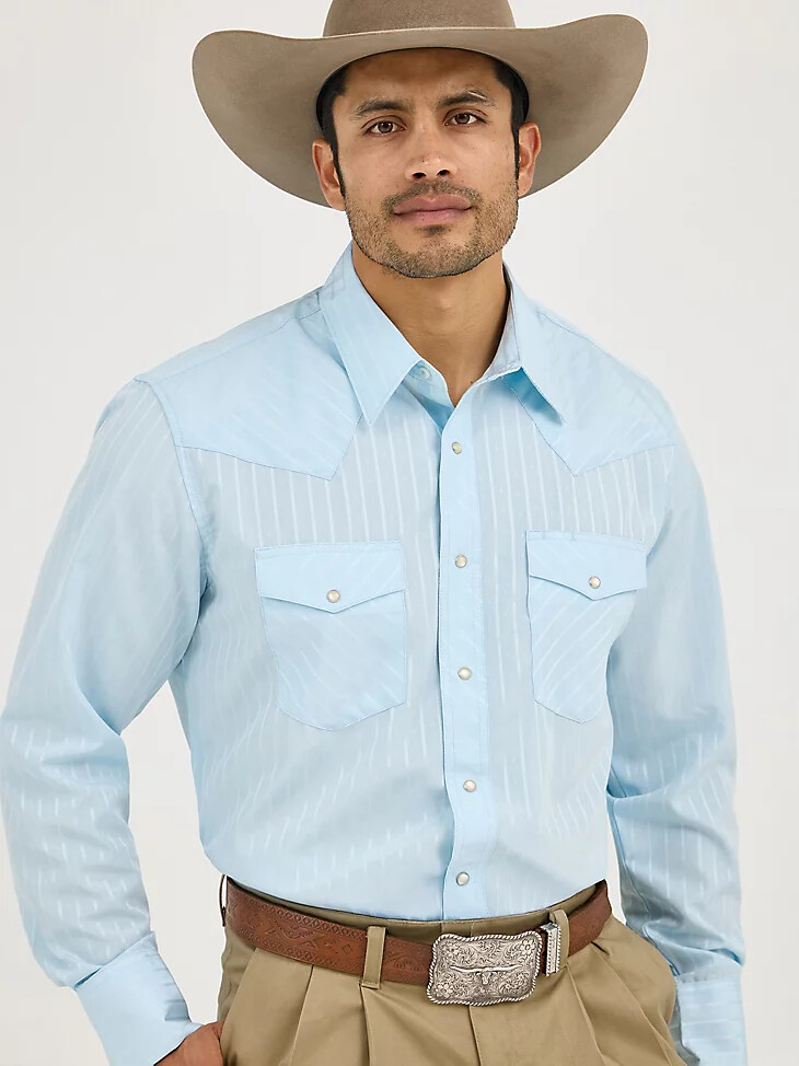 camisa vaquera de manga larga con estampado de rayas dobby y broches estilo western de wrangler color azul