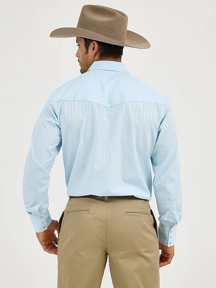 camisa vaquera de manga larga con estampado de rayas dobby y broches estilo western de wrangler color azul