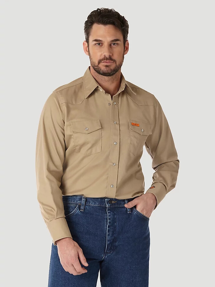 camisa de trabajo wrangler fr de sarga lisa resistente a las llamas de manga larga con broches estilo western color caqui