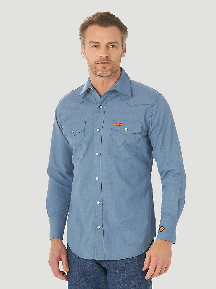 camisa wrangler fr ignífuga 20x con broches western de color azul liso