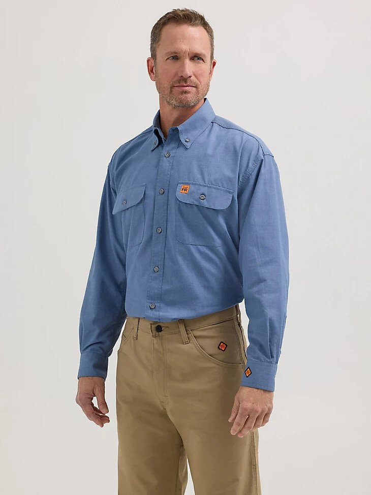 camisa de trabajo wrangler fr riggs con bolsillo de solapa resistente al fuego color azul claro