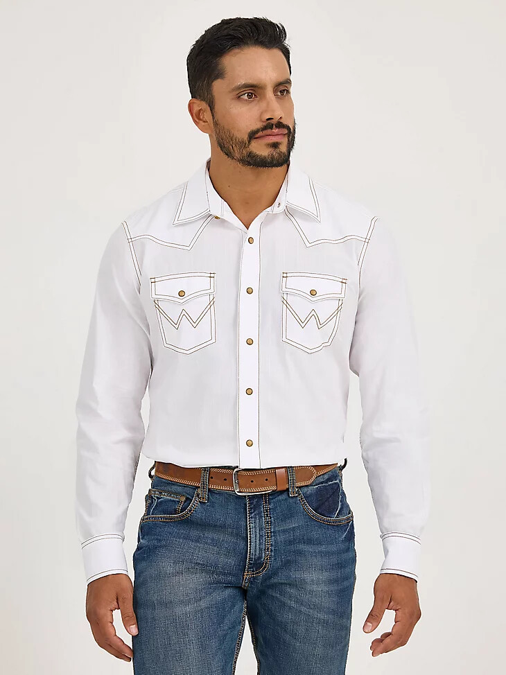 camisa wrangler retro de manga larga con broches estilo western en dobby liso para hombre color blanco