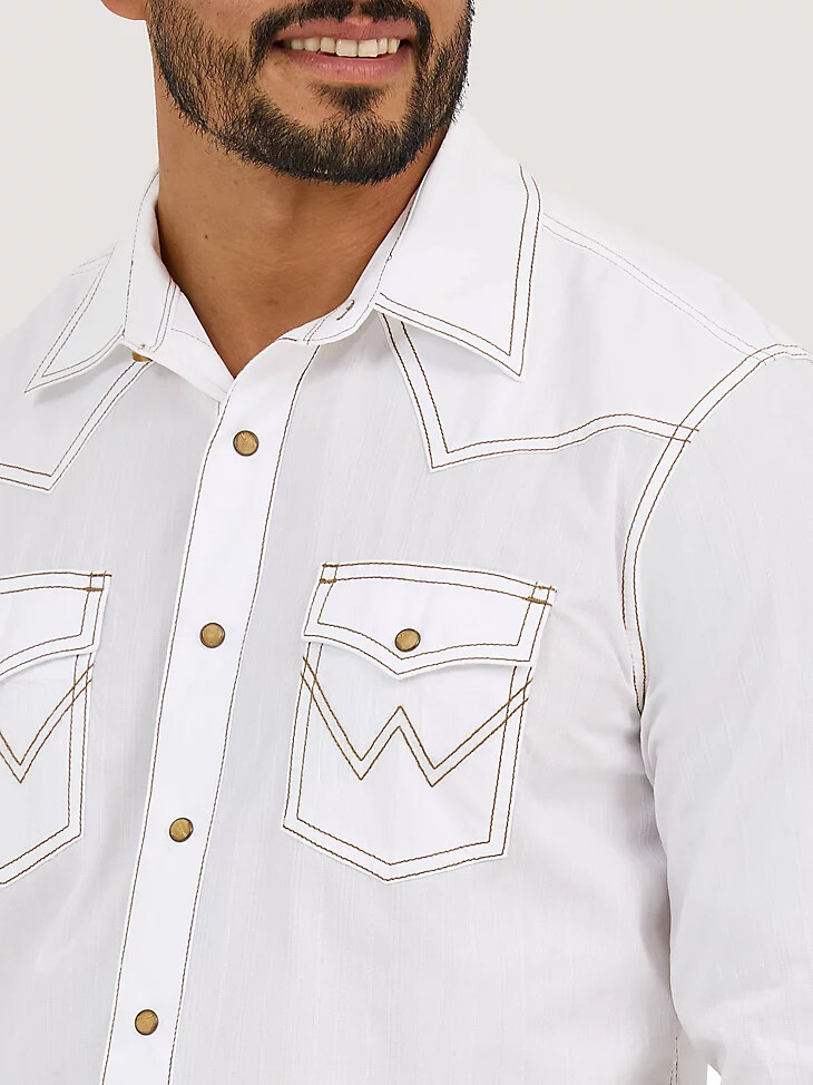 camisa wrangler retro de manga larga con broches estilo western en dobby liso para hombre color blanco