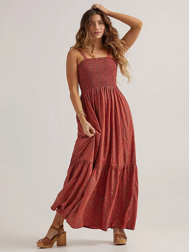 vestido largo con corpiño fruncido para mujer color óxido