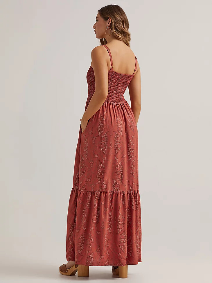 vestido largo con corpiño fruncido para mujer color óxido