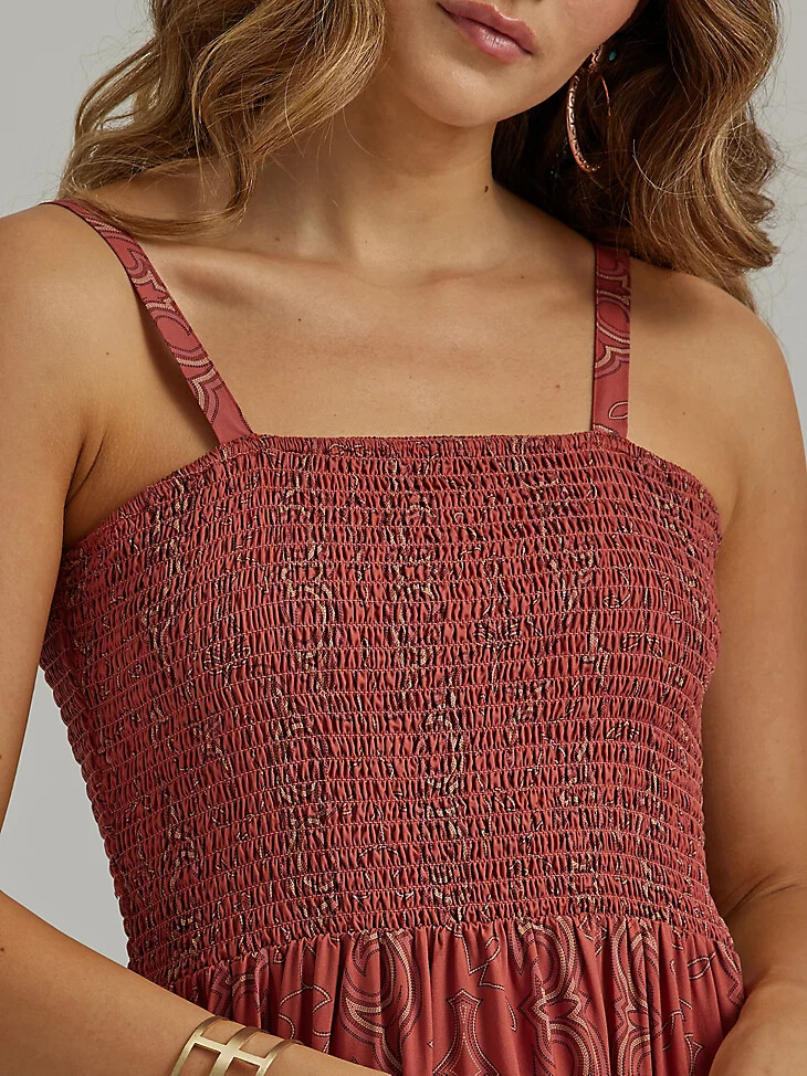 vestido largo con corpiño fruncido para mujer color óxido