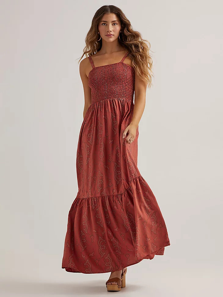 vestido largo con corpiño fruncido para mujer color óxido