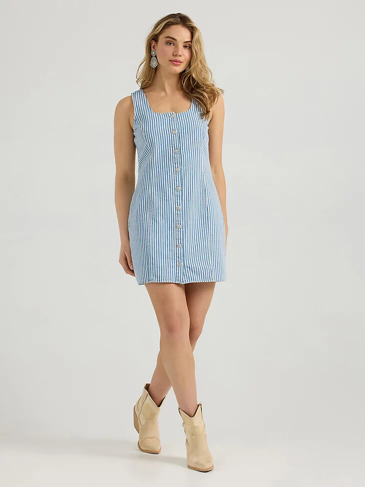vestido vaquero con botones estilo western wrangler para mujer con rayas de ferrocarril