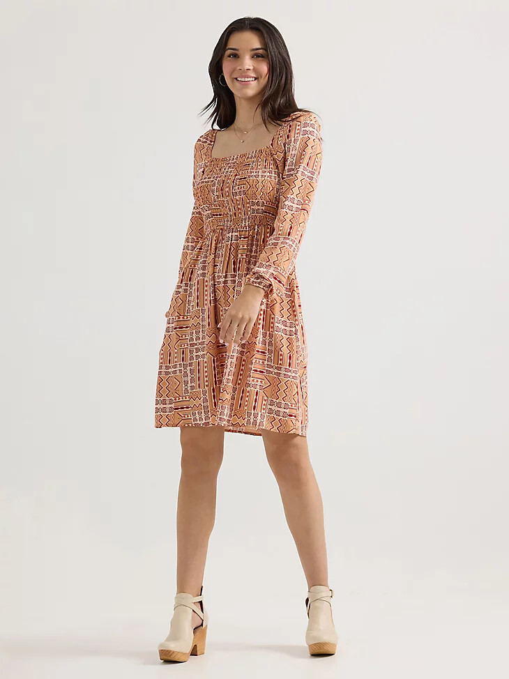 vestido de mujer con escote fruncido corte a color naranja geométrico