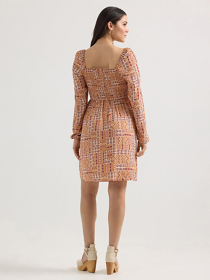 vestido de mujer con escote fruncido corte a color naranja geométrico