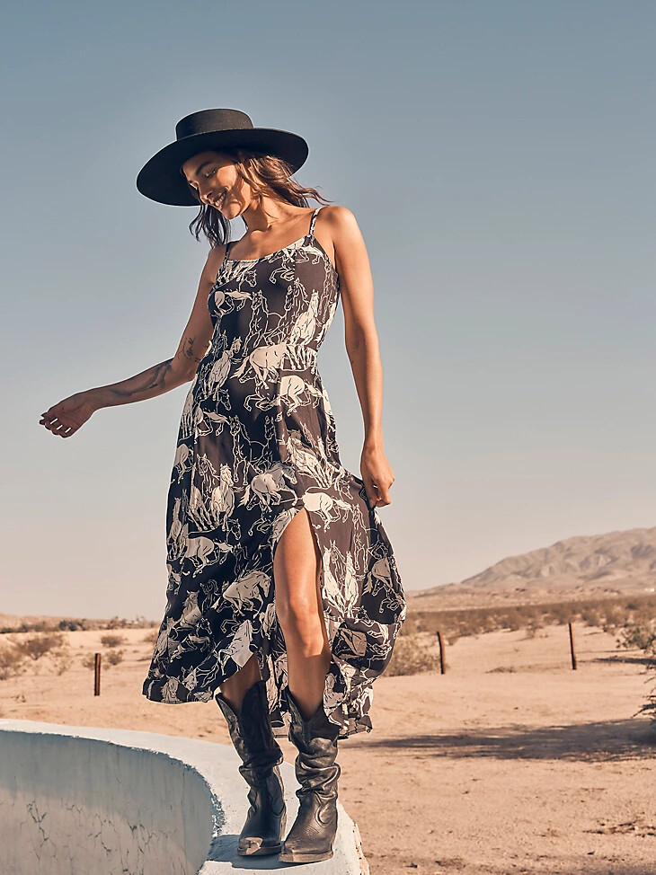 vestido largo estilo western para mujer con estampado de caballos bw
