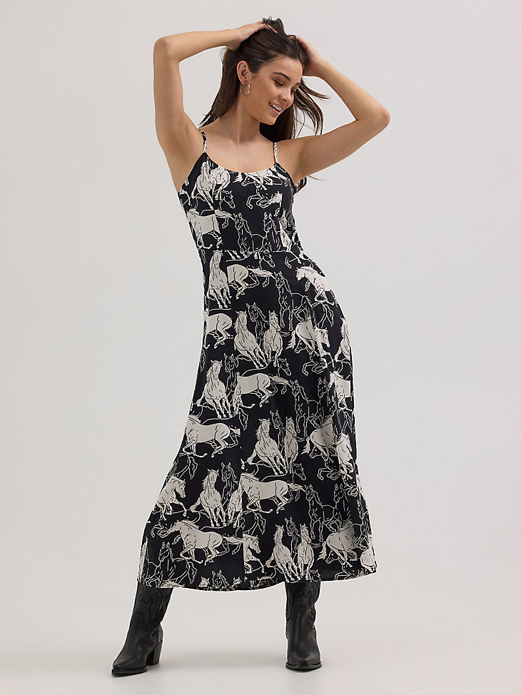 vestido largo estilo western para mujer con estampado de caballos bw