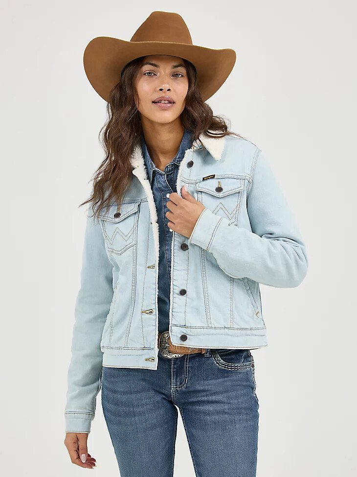 chaqueta vaquera vaquera wrangler retro con forro de sherpa para mujer denim blanqueado