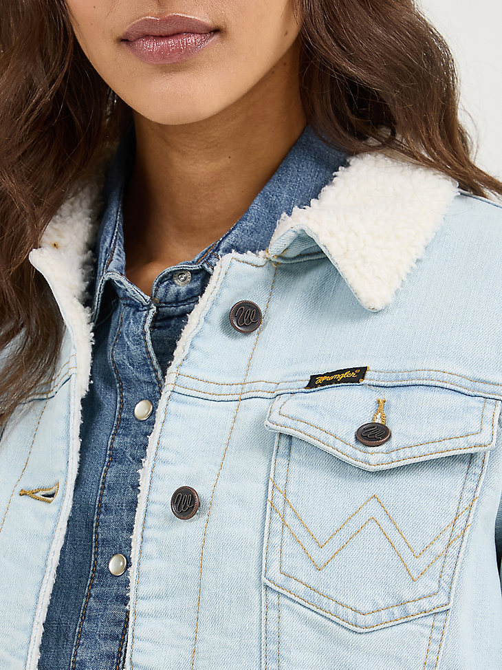 chaqueta vaquera vaquera wrangler retro con forro de sherpa para mujer denim blanqueado