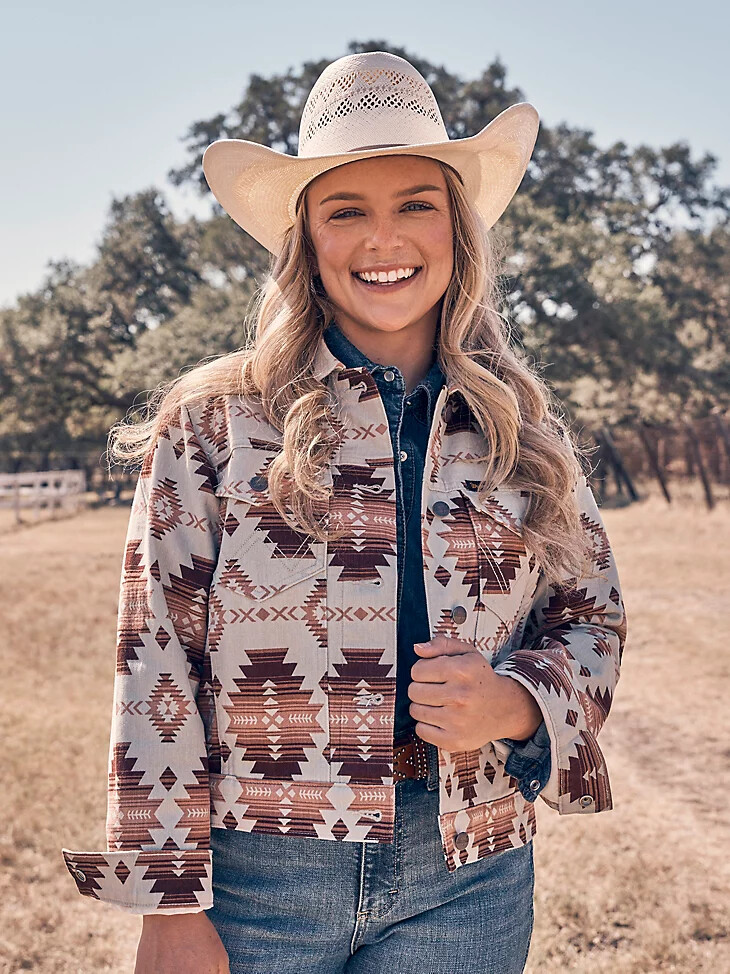 chaqueta estilo boyfriend con estampado western para mujer color marrón geométrico