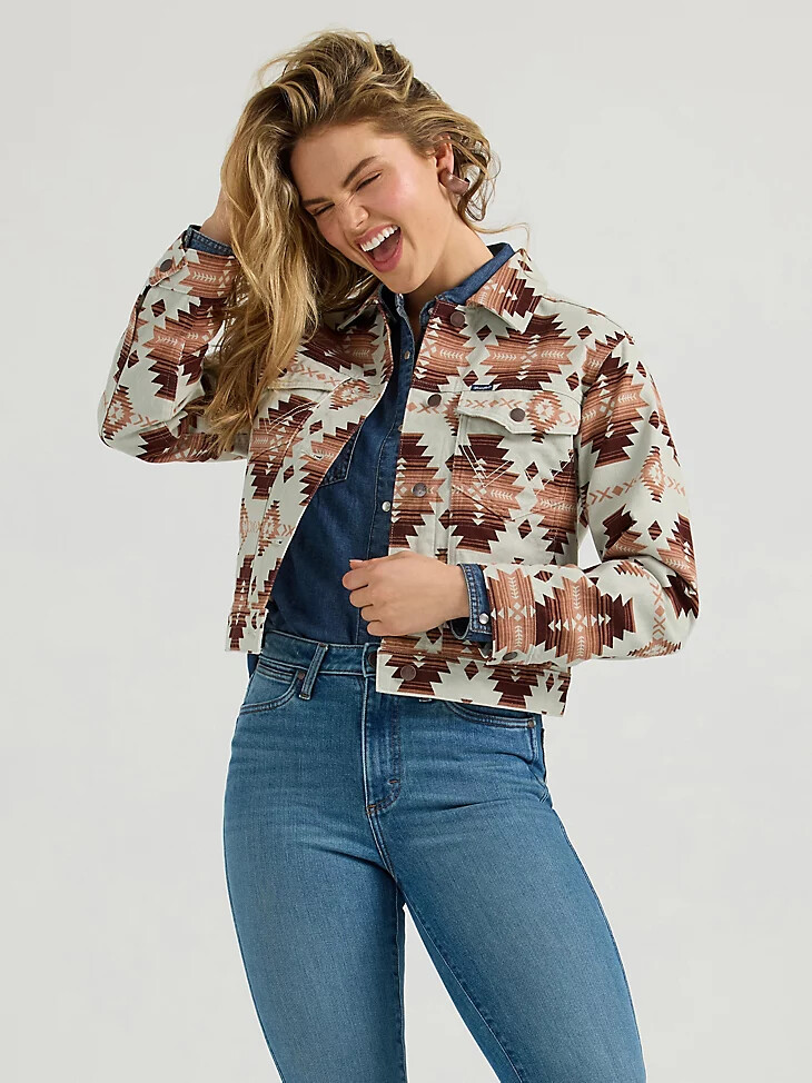 chaqueta estilo boyfriend con estampado western para mujer color marrón geométrico