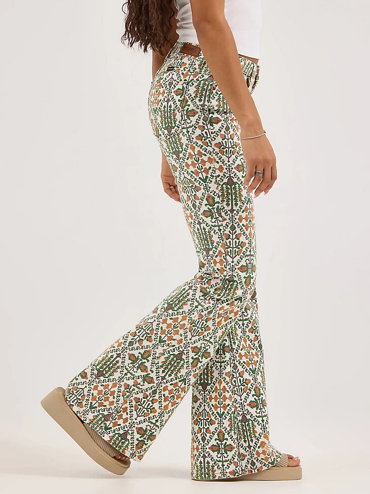 vaqueros acampanados con estampado láser para mujer vintage garden