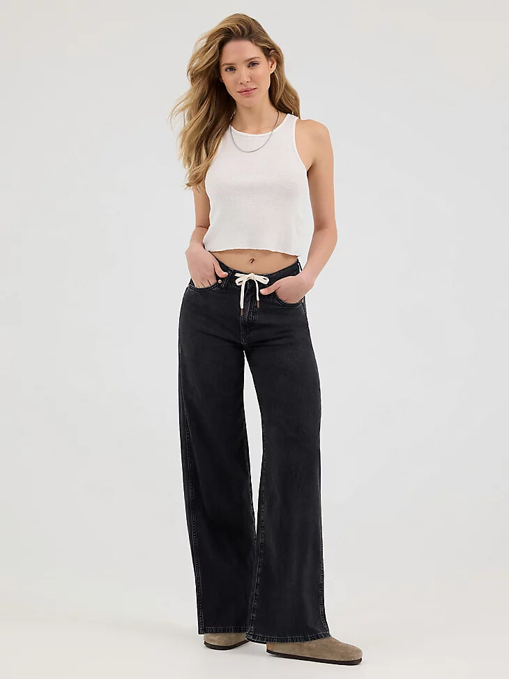 vaqueros holgados con lazo frontal para mujer color negro enjuagado
