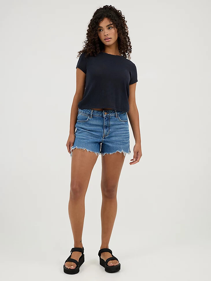 pantalón corto vaquero de tiro medio para mujer color azul carolina
