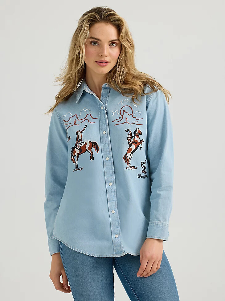 camisa vaquera con broches estilo boyfriend con bordado para mujer color azul vaquero