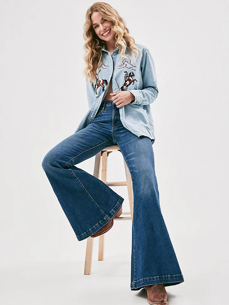 camisa vaquera con broches estilo boyfriend con bordado para mujer color azul vaquero