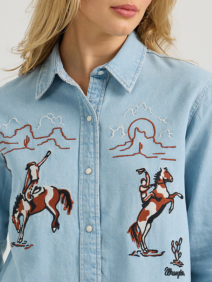 camisa vaquera con broches estilo boyfriend con bordado para mujer color azul vaquero