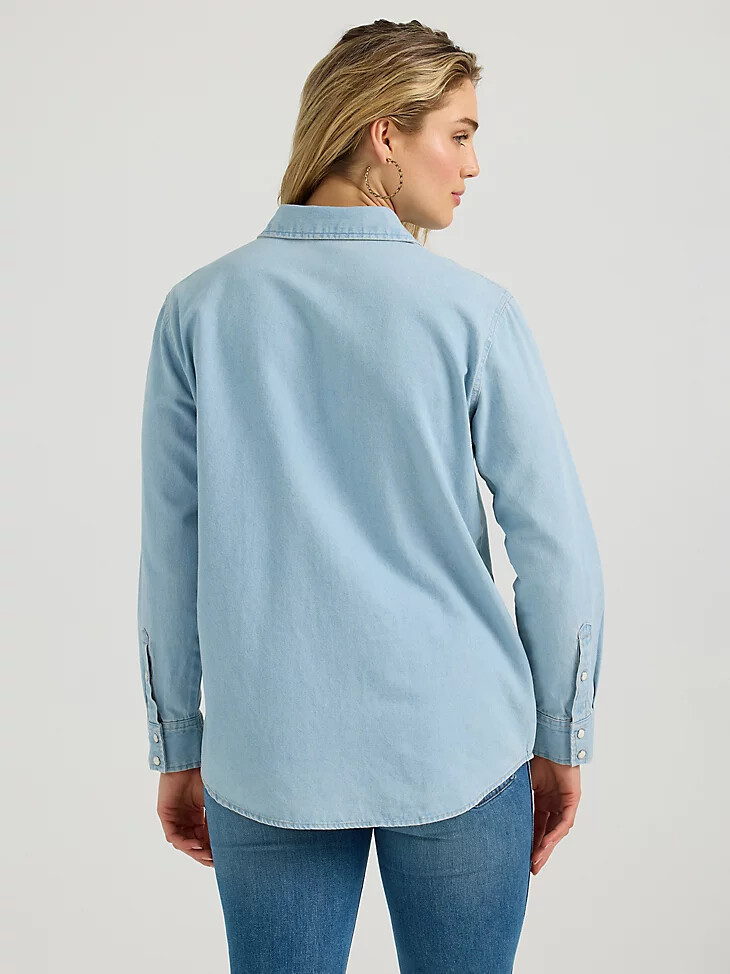 camisa vaquera con broches estilo boyfriend con bordado para mujer color azul vaquero
