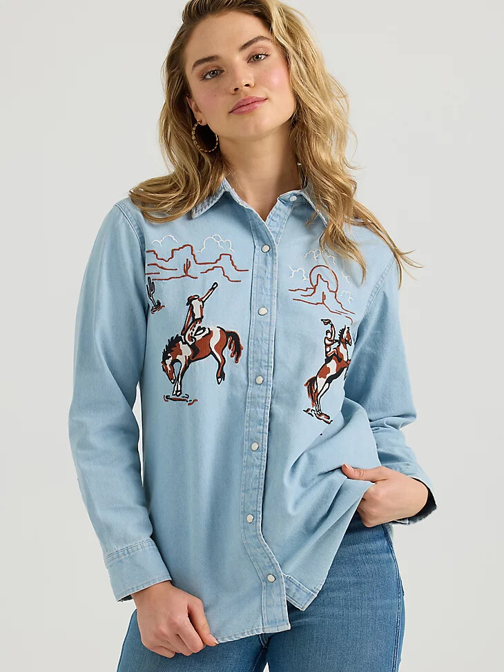 camisa vaquera con broches estilo boyfriend con bordado para mujer color azul vaquero