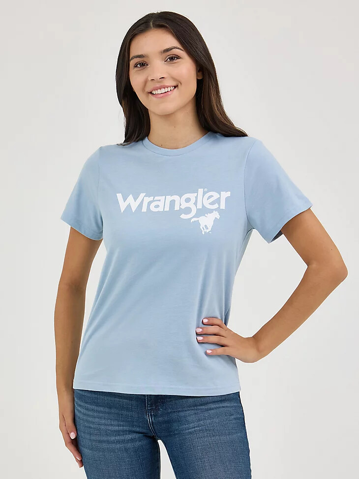 camiseta wrangler kabel logo reg fit para mujer azul polvoriento