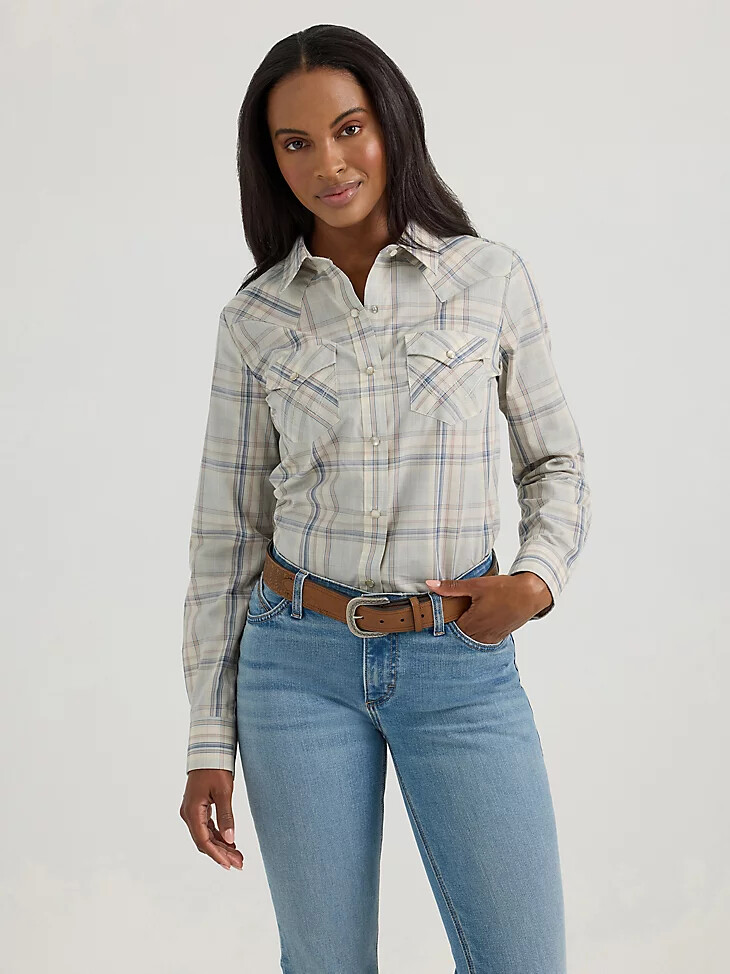top esencial de manga larga a cuadros estilo western con broches a presión para mujer azul claro