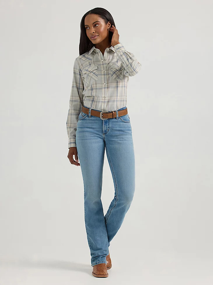 top esencial de manga larga a cuadros estilo western con broches a presión para mujer azul claro