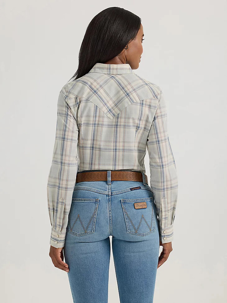 top esencial de manga larga a cuadros estilo western con broches a presión para mujer azul claro