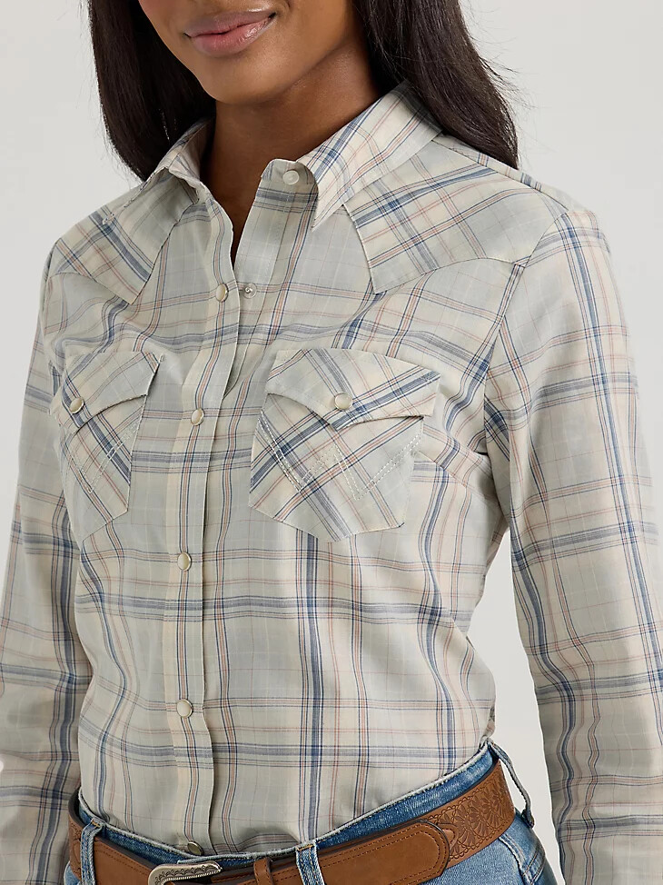 top esencial de manga larga a cuadros estilo western con broches a presión para mujer azul claro