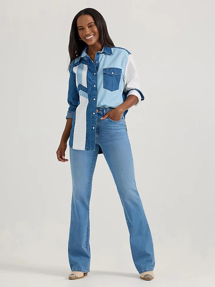 camisa vaquera estilo boyfriend con botones a presión estilo western wrangler para mujer color azul