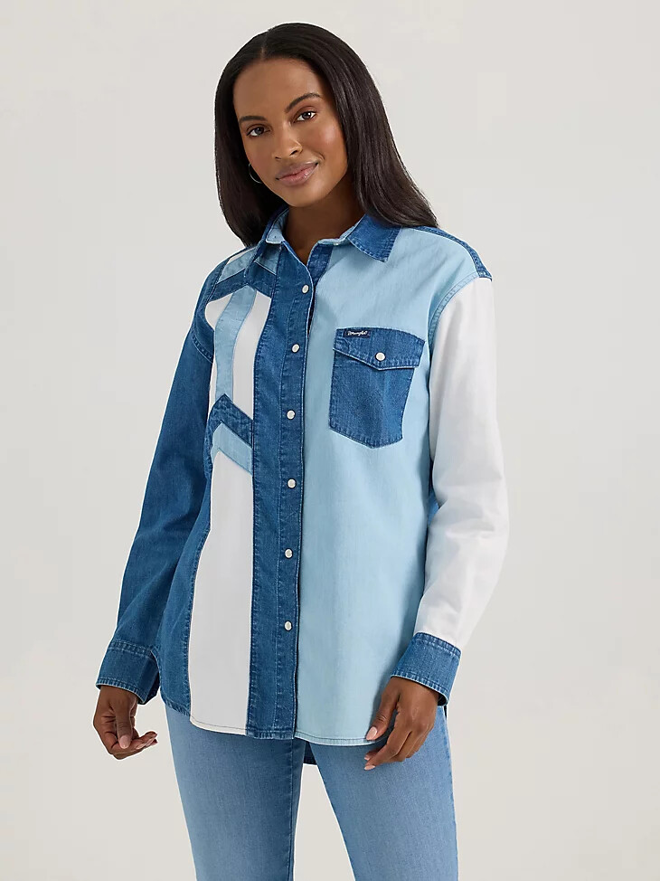 camisa vaquera estilo boyfriend con botones a presión estilo western wrangler para mujer color azul