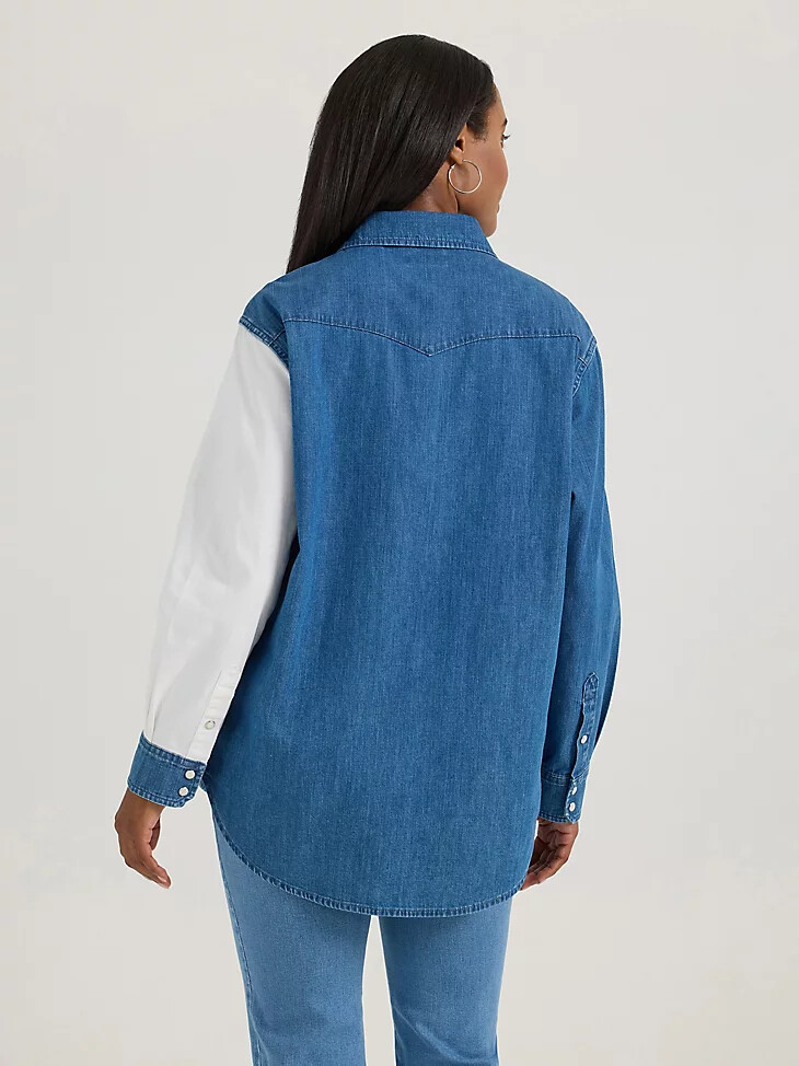 camisa vaquera estilo boyfriend con botones a presión estilo western wrangler para mujer color azul