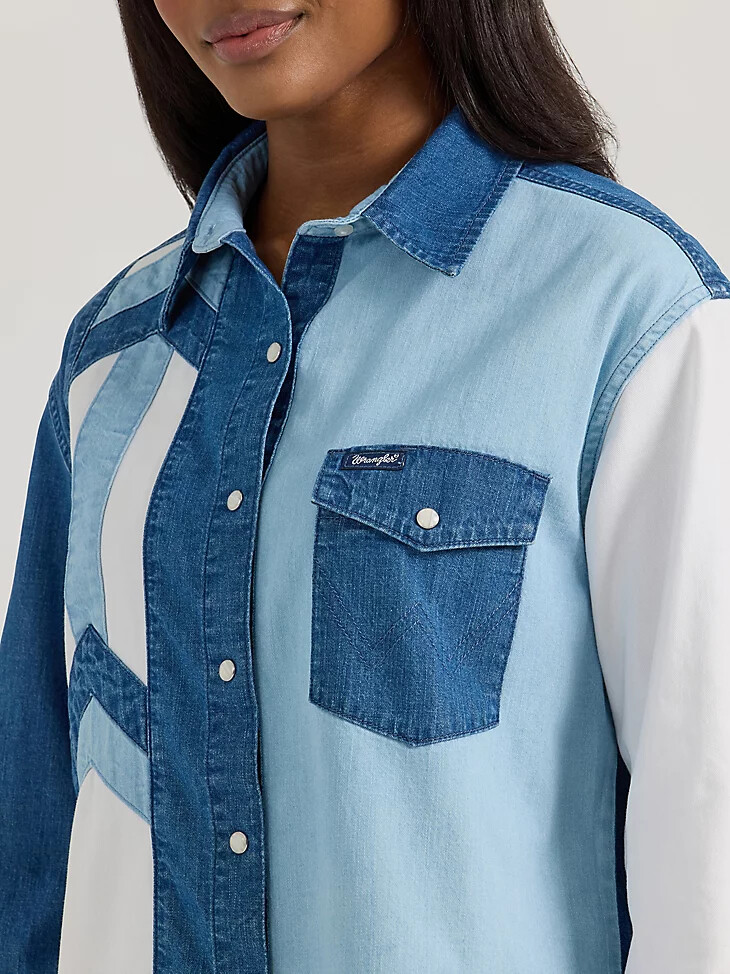 camisa vaquera estilo boyfriend con botones a presión estilo western wrangler para mujer color azul