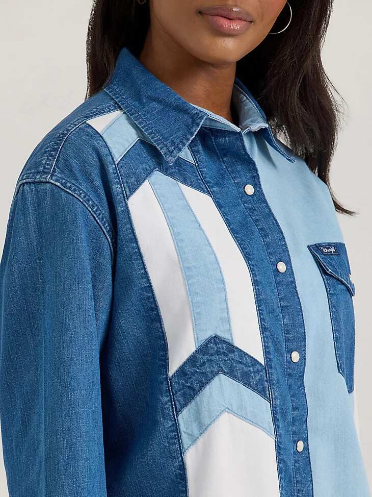 camisa vaquera estilo boyfriend con botones a presión estilo western wrangler para mujer color azul