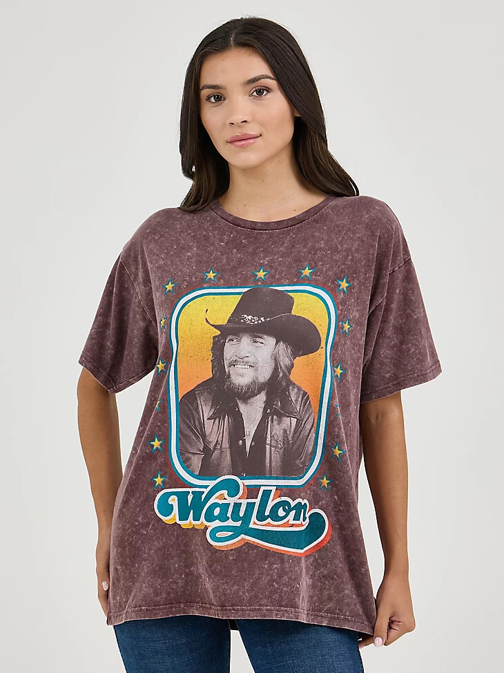 camiseta de banda extragrande wrangler waylon jennings para mujer lavado fudge comet